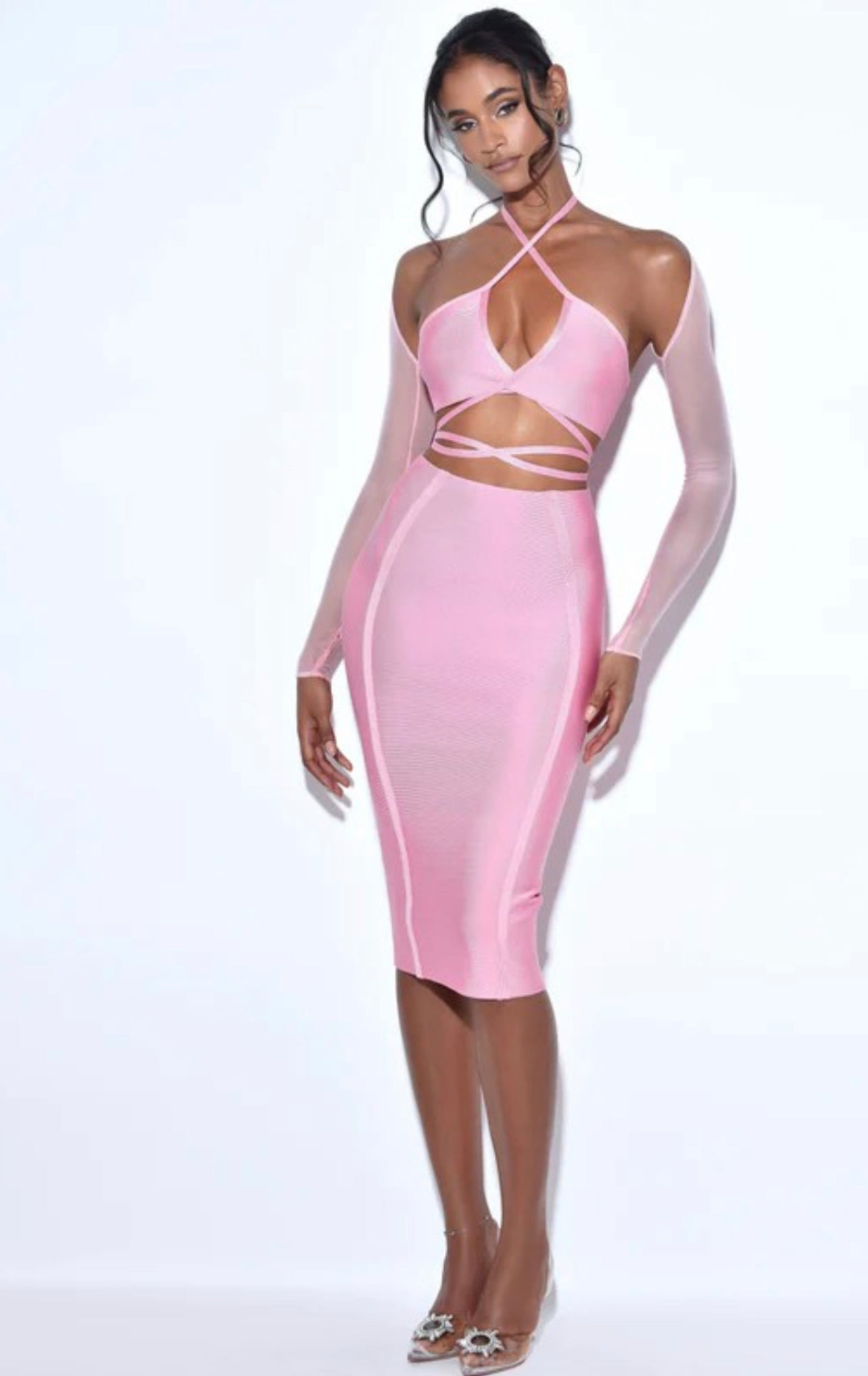 Barbie Pink Lace Up Bandage Dress With Sheer Mesh Sleeve
