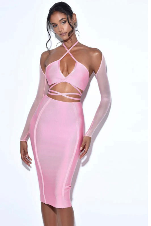 Barbie Pink Lace Up Bandage Dress With Sheer Mesh Sleeve