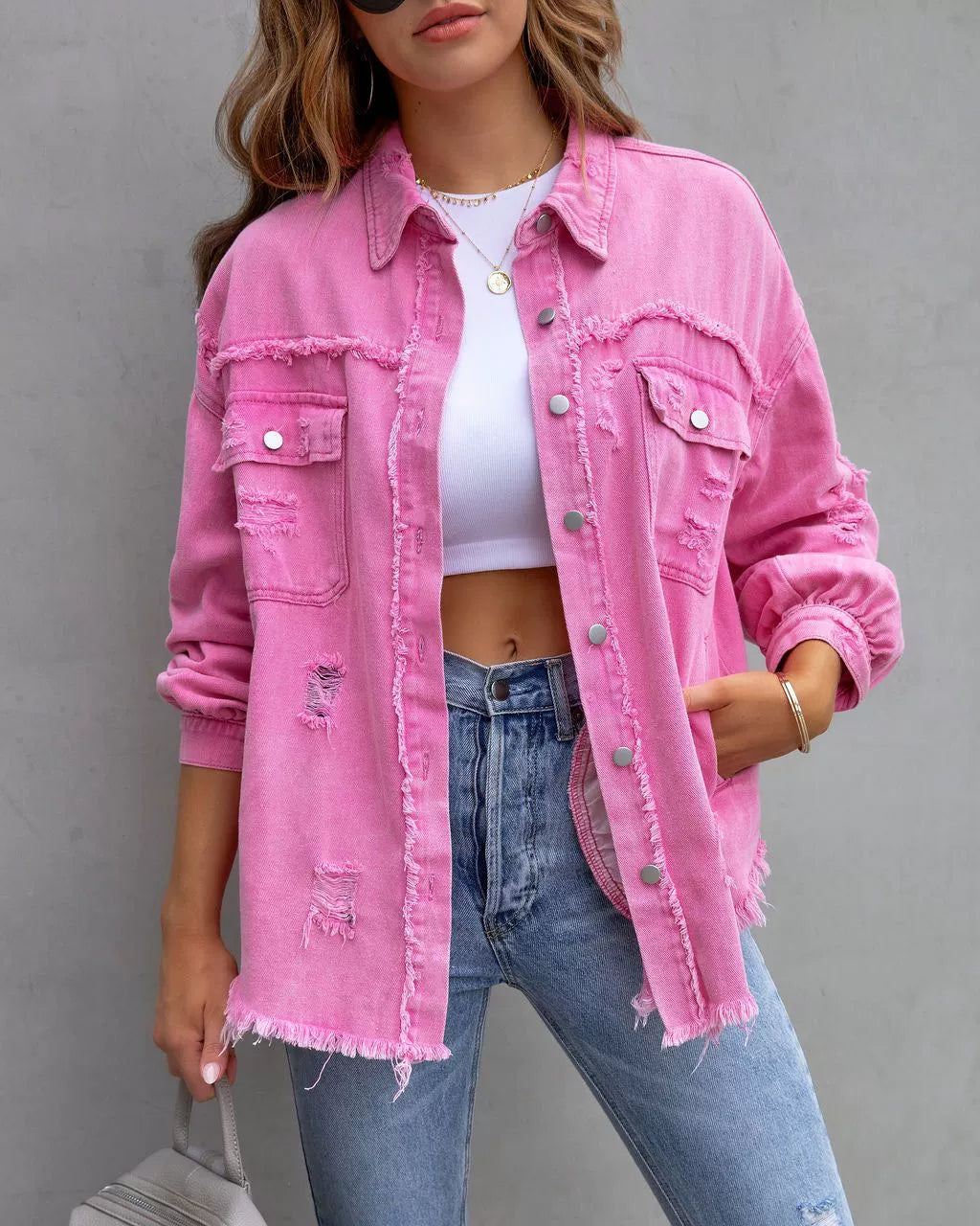 Women Fringed Solid Color Single-breasted Washed Denim Shirt