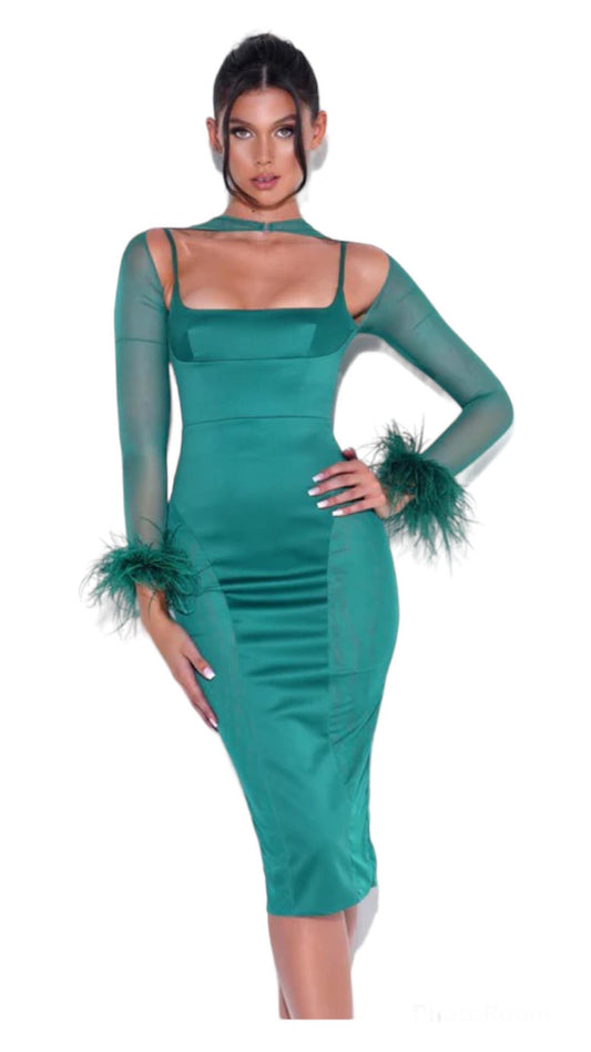 Joy Emerald Green Satin Mesh Sleeve Dress