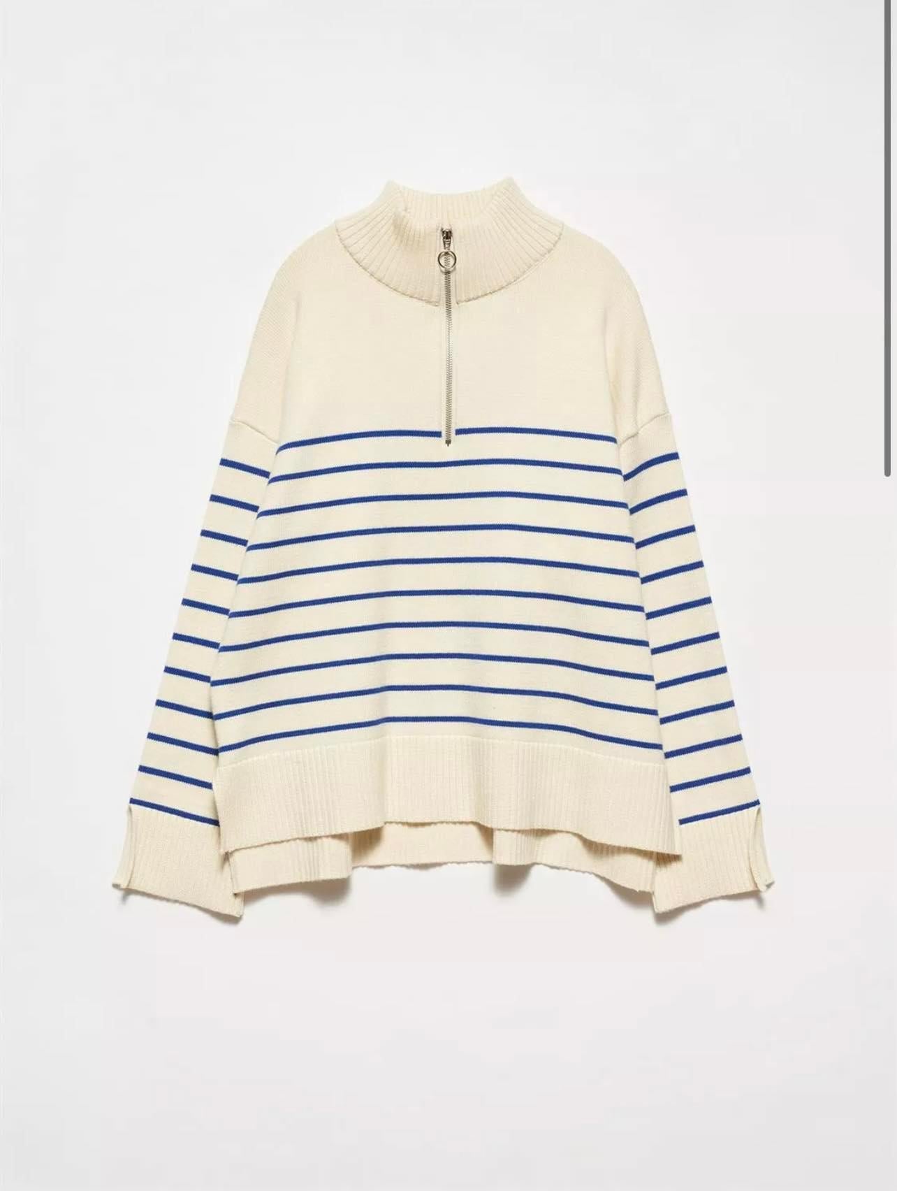 Stand-up Collar Zipper Striped Knitted Sweater