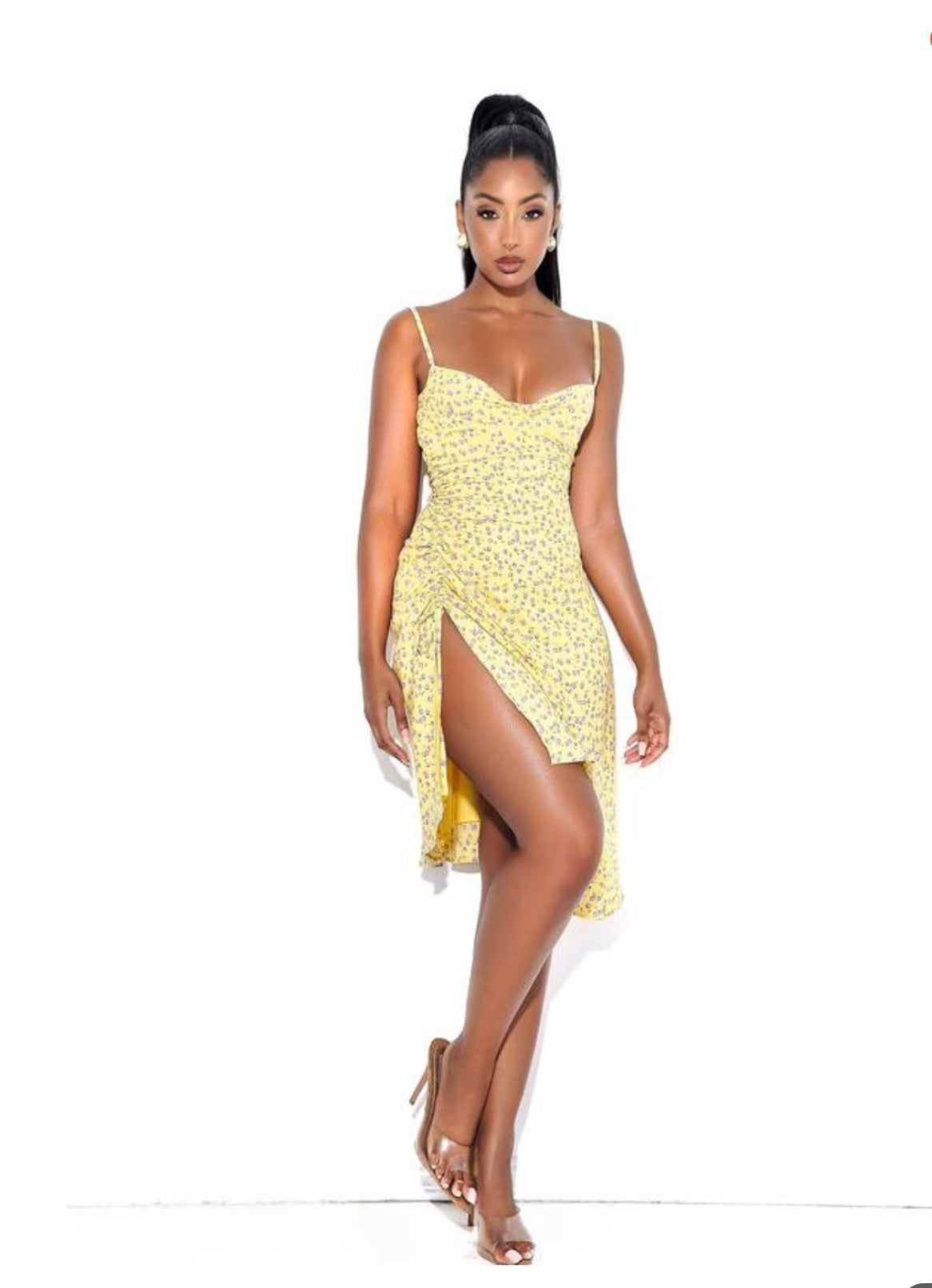 Eva Yellow Side Slit Floral Dress
